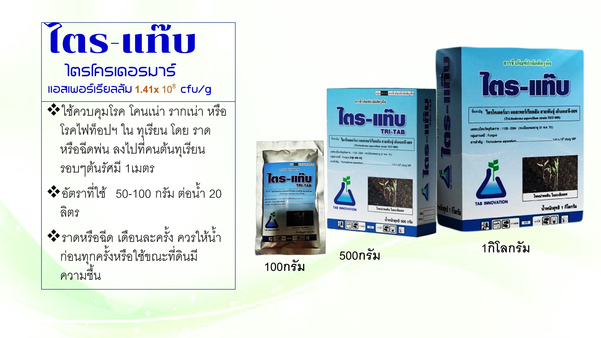 ไตร-แท๊บ[TRI-TAB, 200g]: ชีวภัณฑ์เชื้อราที่กินเชื้อราสาเหตุโรคพืชทุกชนิด ทุเรียนปลอดภัยจากโรครากเน่าโคนเน่า ที่ปลูกใหม่รอดตาย 100% หยุดโรคกาบใบเเห้งในข้าว ใช้ง่ายปลอดภัย ขยายเชื้อ10เท่าประหยัด