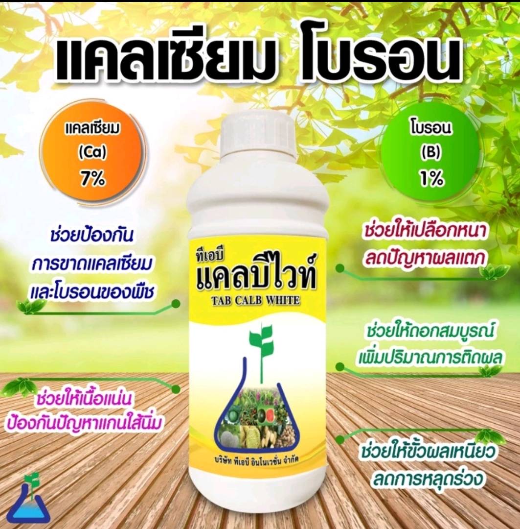 แคลบีไวท์ ธาตุอาหารรอง-เสริม[Ca7%, B1%] สูตรคีเลท สร้างขยายเซลแบ่งเซลล์ปลายยอด-ปลายราก ช่วยให้พืชเติบโต ขายทรงพุ่มราก ความสูง ผนังเซลล์เเข็งแรงลดผลแตก-ผลเน่า ลำต้นแข็งเเรงหักล้มยาก ทนโรคแมลง ขั้วเหนียวลดผลร่วง