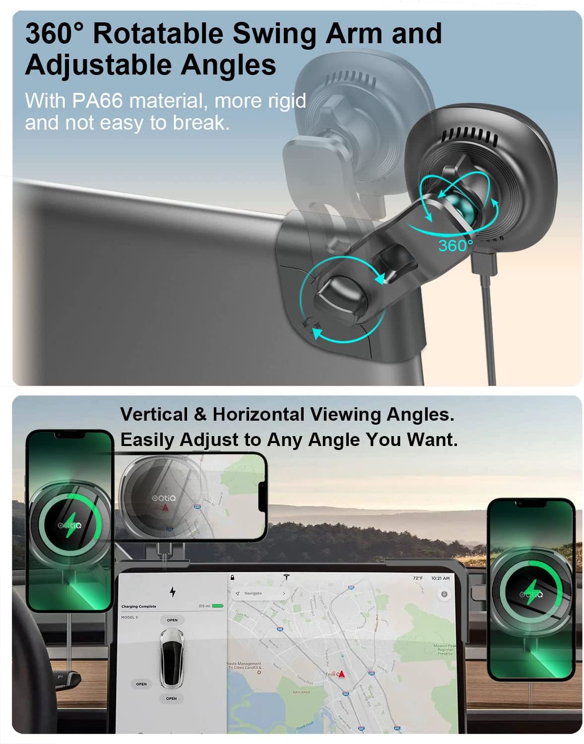 OQTIQ Wireless Car Mount Charger for Tesla Model 3 / Y Magnetic Phone Holder Fast Charging Cooling Fan Magnet Charger Compatible with Mag Safe Cases, for iPhone 14 13 12 Series (with QC 3.0 Adapter)