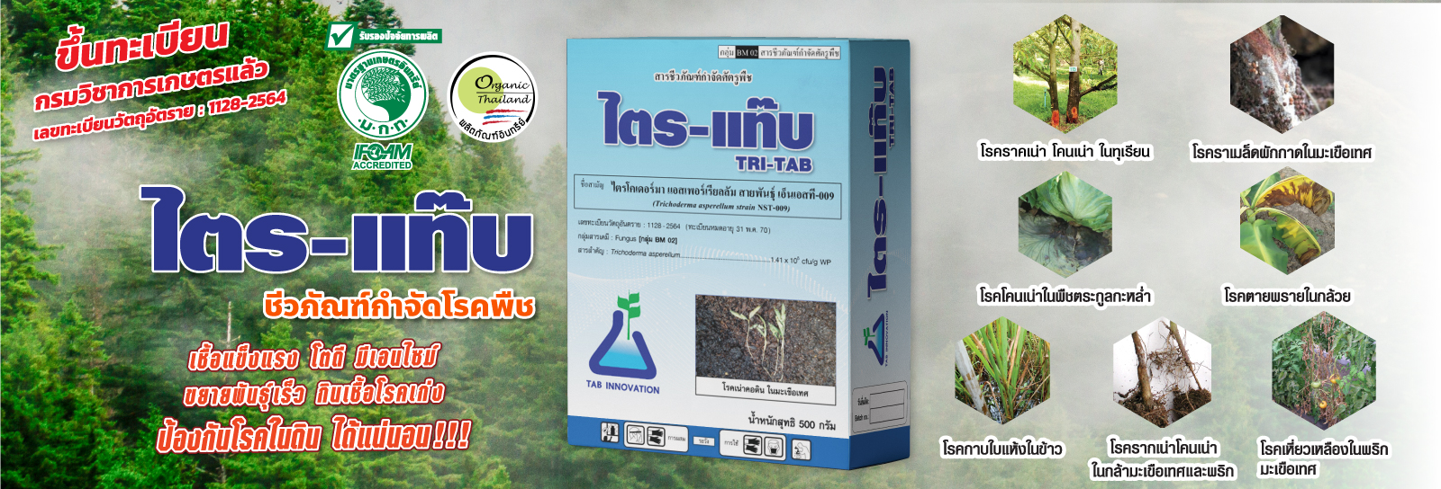 ไตร-แท๊บ[TRI-TAB, 500g]: ไตรโครเดอมาร์เชื้อราที่กินเชื้อราอื่นๆเป็นอาหาร ใช้ควบคุมโรครากเน่าโคนเน่าหรือโรคไฟท็อปฯ ในทุเรียนและโรคเชื้อราอื่นๆอีกหลายชนิด ใช้ง่ายปลอดภัย ใช้ได้ทันทีหรือขยายเชื้อได้ 100เท่า