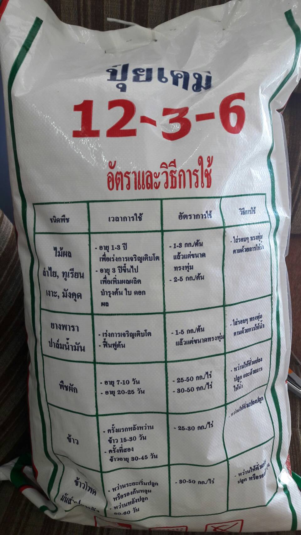 อินทรีย์12-3-6(25กก.):สูตรเพิ่มน้ำยาง บำรุงต้นแข็งเเรง ใบเขียวหนา รากแข็งเเรงดูดซึมธาตุอาหารเพิ่มขึ้น สังเคราะห์เเสงสะสมอาหารเร็ว ส่วนประกอบสำคัญ OM.10-15%, เเร่ธาตุอาหาร N12%-P3%-K6%, มูลค้างคาว อะมิโน-ฮิวมิก และไตรโครเดอมาร์ ควบคุมโรครากเน่าโคนเน่า