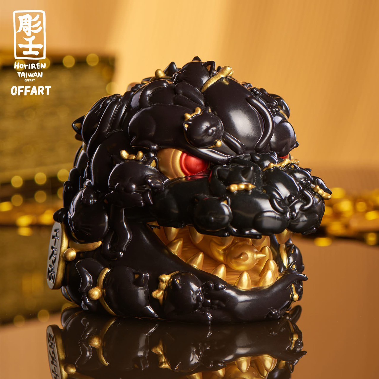 Pre-order : Red Flame Hundred Cats Mini Black Gold Bust Fortune Head Statue by OFFART x Horiren