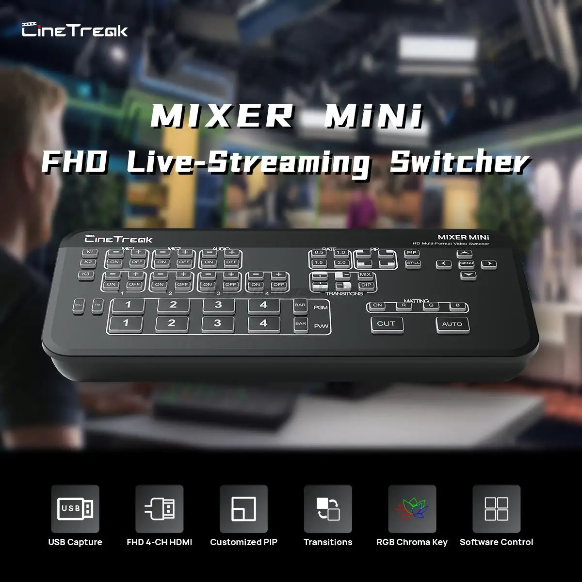 Cinetreak Mixer Mini Multi-Format Video Mixer Switcher 4 HDMI Inputs with USB 3.0 Video Capture PIP Chroma key Live