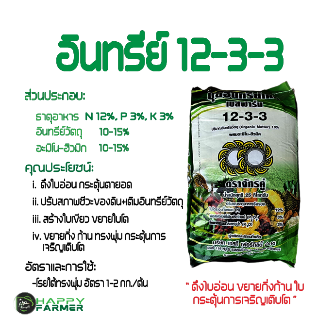 อินทรีย์12-3-3(25กก.) ปุ๋ยอินทรีย์12-3-3 ผสมมูลค้างคาว10% OM.10-15% อะมิโนฮิวมิก10% ช่วยเร่งราก กระตุ้นแตกยอดใหม่ เติบโตไว เพิ่มความเขียวสดให้ใบเเละยอดสดชื่น