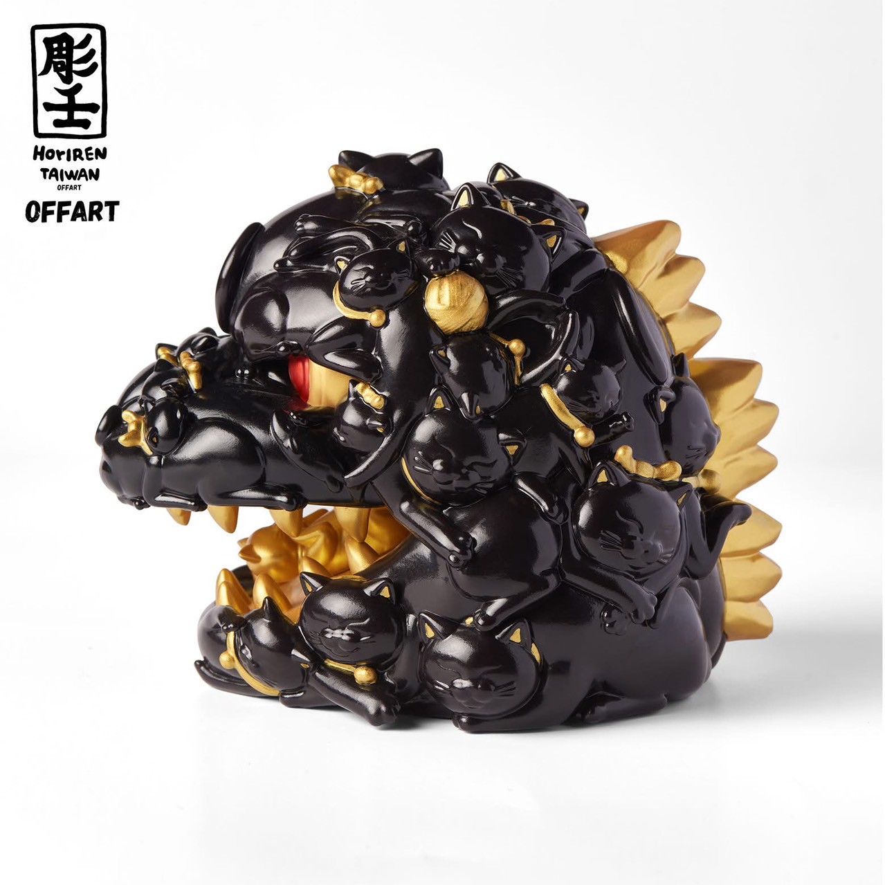 Pre-order : Red Flame Hundred Cats Mini Black Gold Bust Fortune Head Statue by OFFART x Horiren