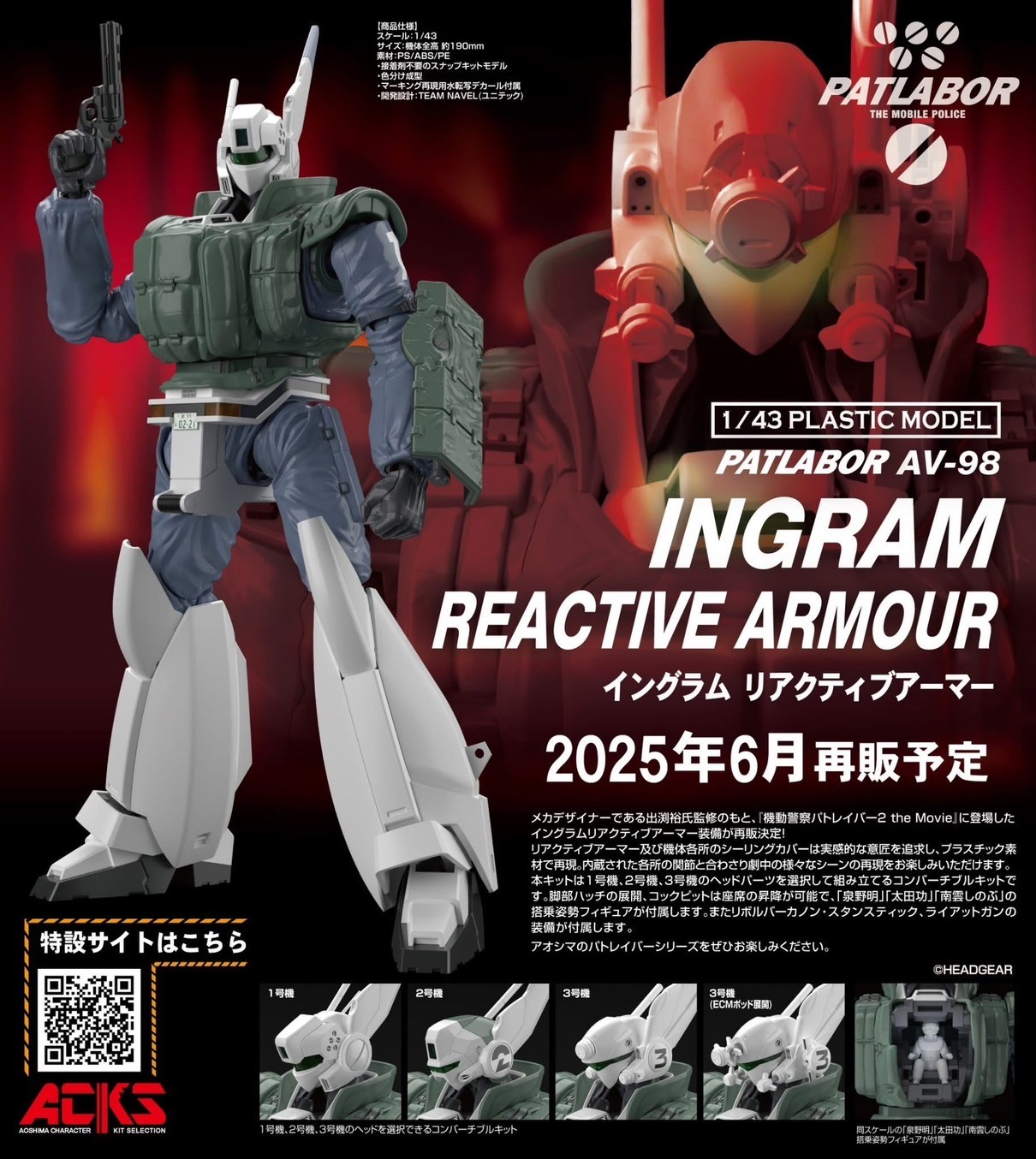 Pre-order : 1/43 Mobile Police Patlabor AV-98 Ingram Reactive Armor Plastic Model Kit by Aoshima (Reissue)
