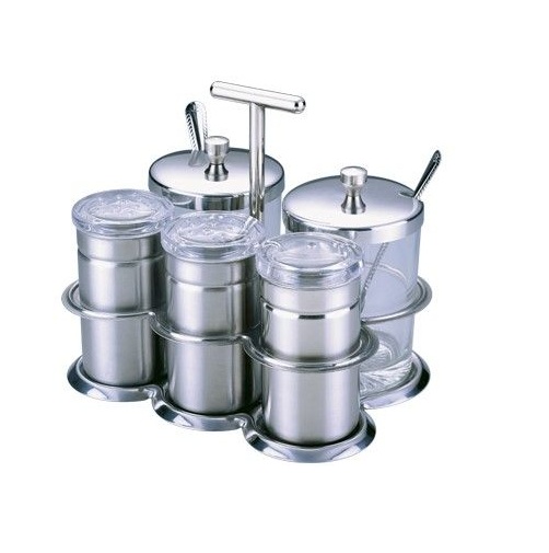 FUJI ICE ชุดพวงเครื่องปรุงแก้ว ถาดสแตนเลส 5 ช่อง