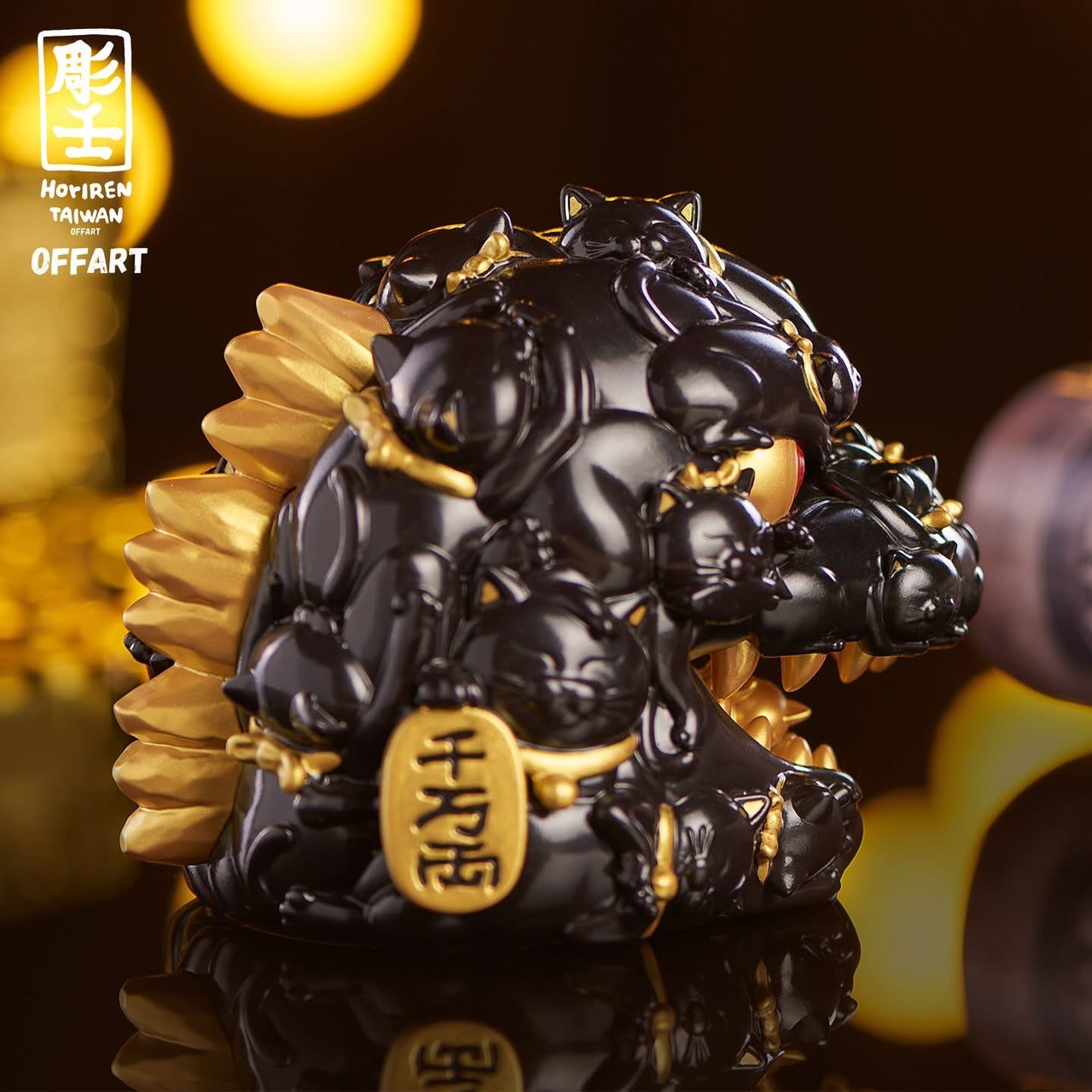 Pre-order : Red Flame Hundred Cats Mini Black Gold Bust Fortune Head Statue by OFFART x Horiren