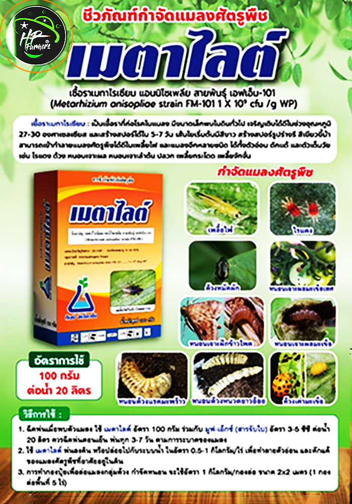 เมตาไลต์[Metarite],300g:ชีวภัณฑ์ปกป้องพืชและผลิตผลของฟาร์มคุณให้รอดพ้นจากแมลงศัตรูพืช โดยเฉพาะเเมลงดื้อยา หนอน เพลี้ยไฟ ไรเเดง แมลงปลีกเเข็งด้วงต่างๆทุกชนิด ฯลฯ ได้ผลรวดเร็ว ปลอดภัย