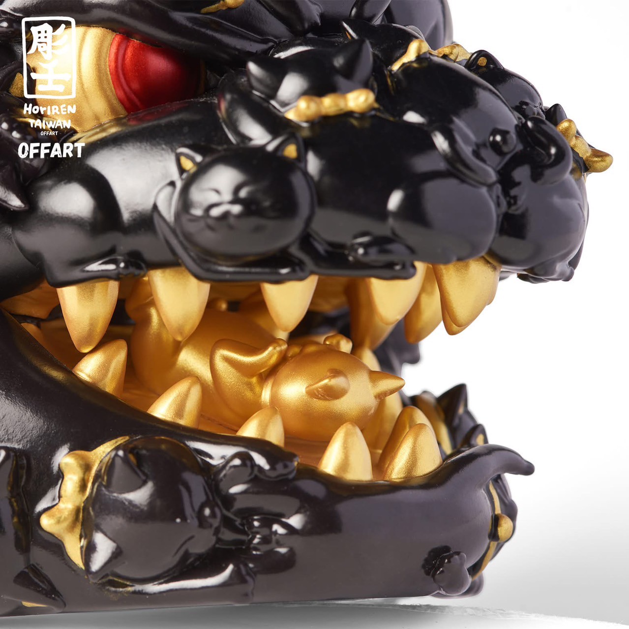 Pre-order : Red Flame Hundred Cats Mini Black Gold Bust Fortune Head Statue by OFFART x Horiren