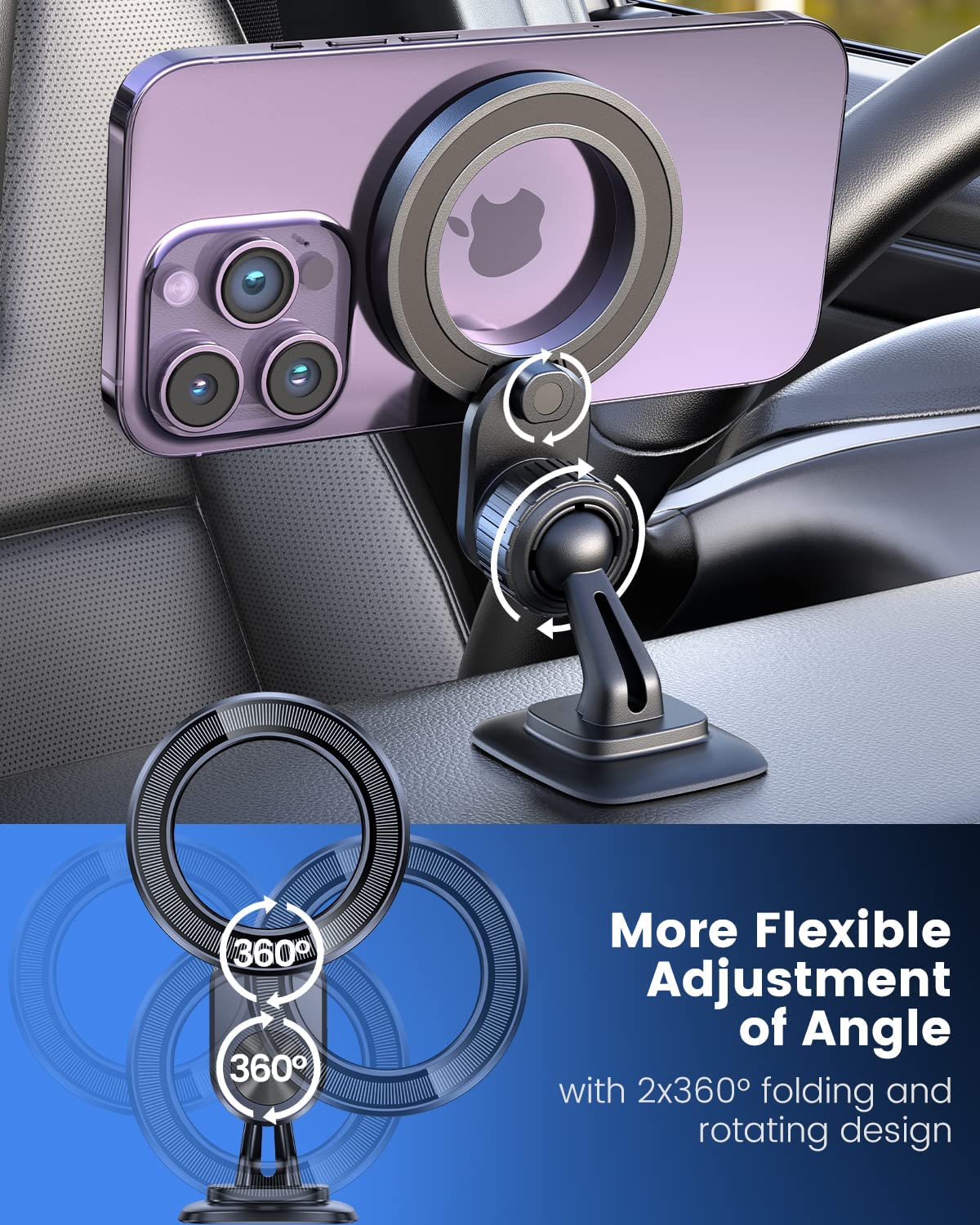 OQTIQ for MagSafe Phone Mount Magnetic Phone Holder for Car Dash Mount Phone Holder Fit Curved Surface Flexible Rotation
