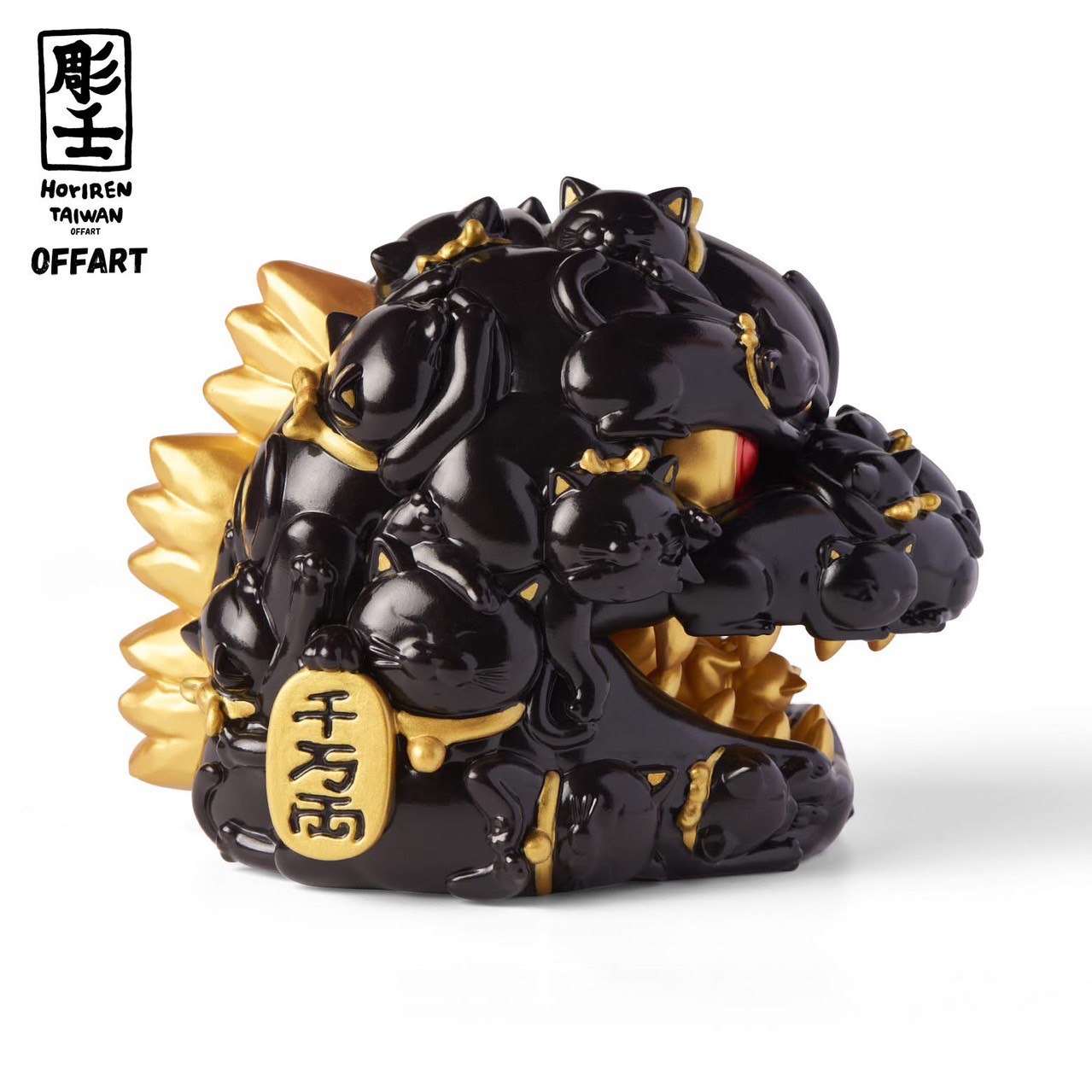 Pre-order : Red Flame Hundred Cats Mini Black Gold Bust Fortune Head Statue by OFFART x Horiren