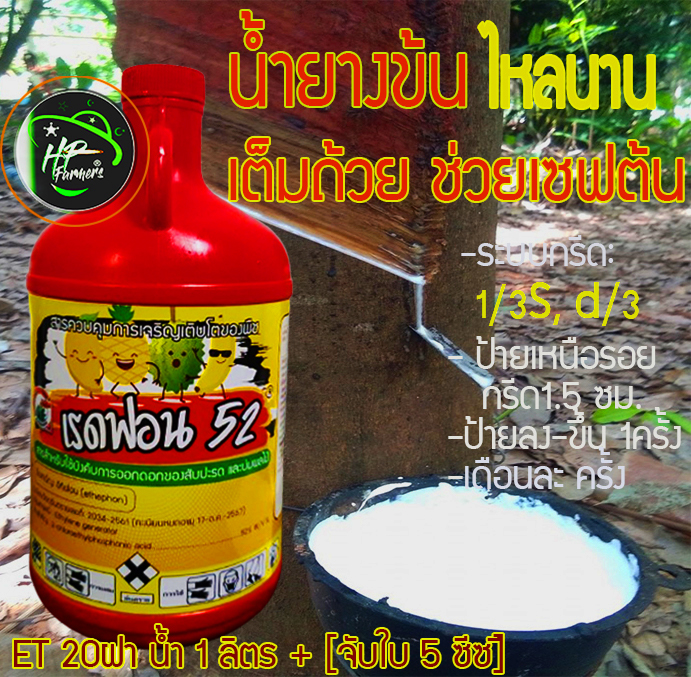เรดฟอนท์52,1ลิตร[Ethephon 52% w/v SL]: ฮอร์โมนเร่งน้ำยางสูตรเพิ่มผลผลิต15%เหนือทั่วไป เซฟหน้ายาง ยืดอายุกรีดถึง 25ปี ใช้เพียง 20ฝา(50ซีซี)ผสมน้ำ1ลิตร ระบบกรีด: 1/3S, 3d/4, ป้ายเหนือรอยกรีด ป้ายลง-ขึ้น1ครั้ง ครั้งเดียว/เดือน(กรีดได้ 10 วัน) น้ำยางคุณภาพข้น