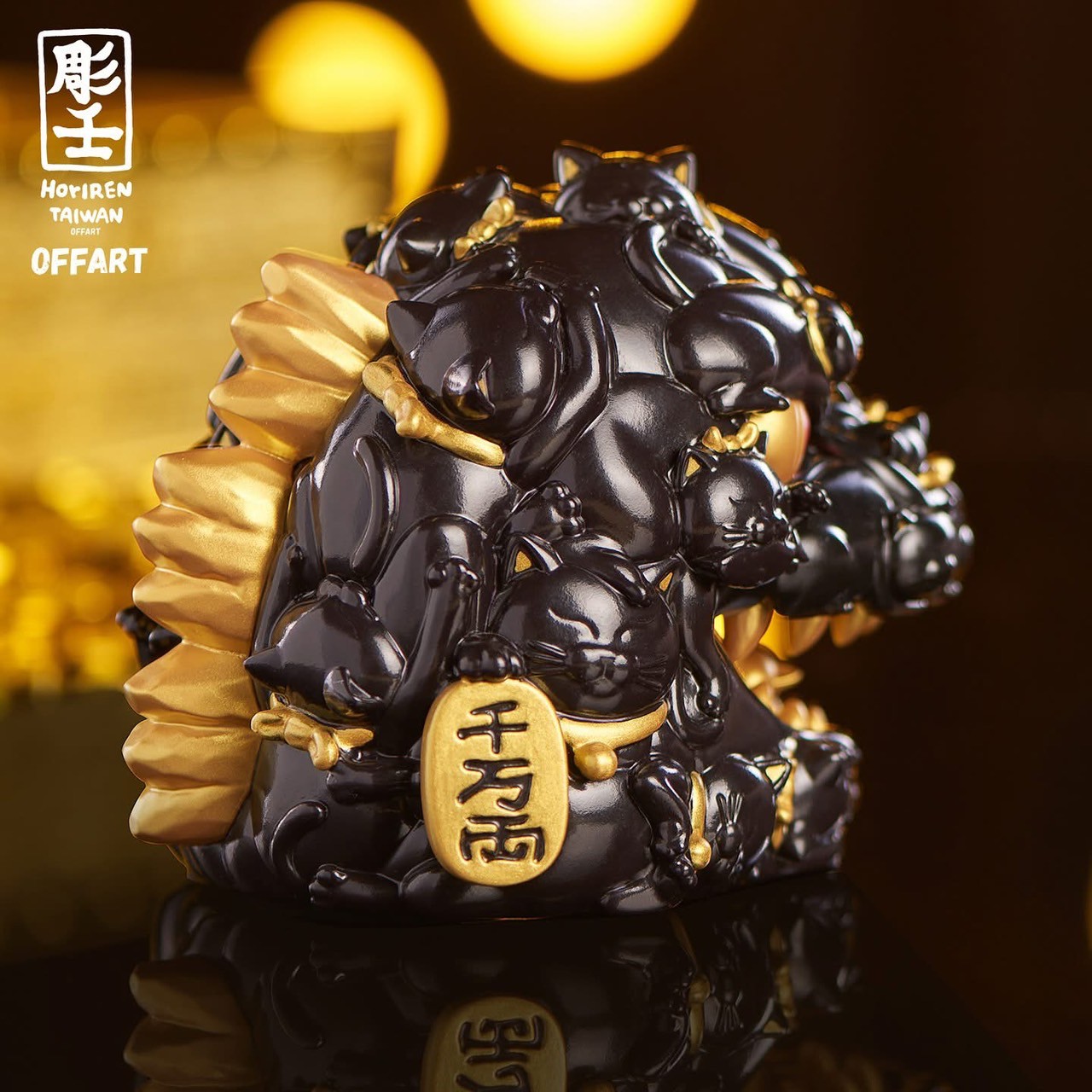 Pre-order : Red Flame Hundred Cats Mini Black Gold Bust Fortune Head Statue by OFFART x Horiren