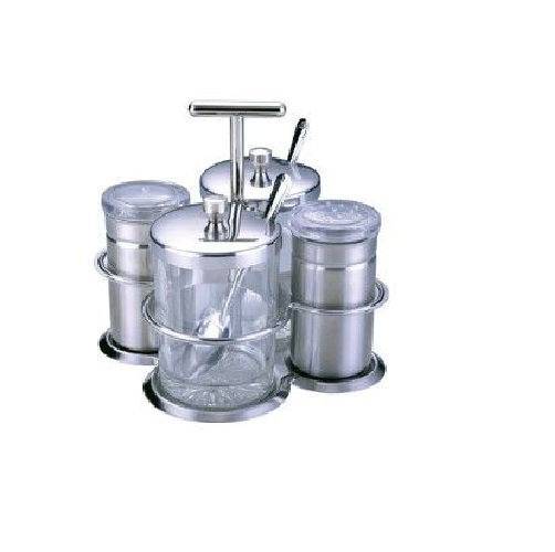 FUJI ICE ชุดพวงเครื่องปรุงแก้ว ถาดสแตนเลส 4 ช่อง