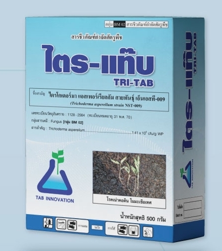 ไตร-แท๊บ[TRI-TAB, 500g]: ไตรโครเดอมาร์เชื้อราที่กินเชื้อราอื่นๆเป็นอาหาร ใช้ควบคุมโรครากเน่าโคนเน่าหรือโรคไฟท็อปฯ ในทุเรียนและโรคเชื้อราอื่นๆอีกหลายชนิด ใช้ง่ายปลอดภัย ใช้ได้ทันทีหรือขยายเชื้อได้ 100เท่า