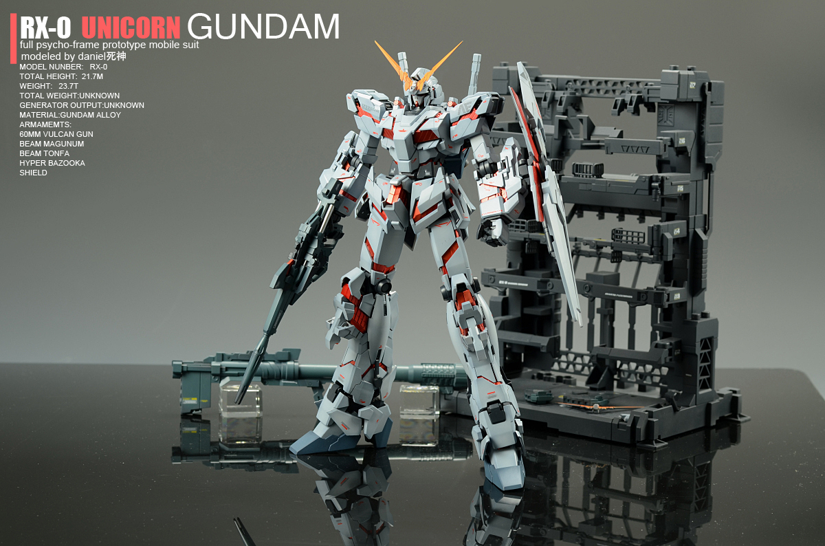 MG 1/100 RX-0 Unicorn Gundam Full Psycho-Frame Prototype Mobile Suit with Cage by Bandai