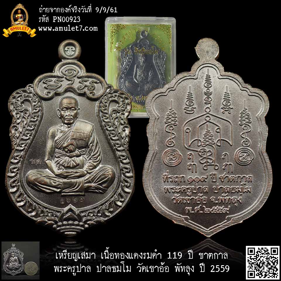 เหรียญเสมา เนื้อทองแดงรมดำ 119 ปี ชาตกาล พระครูปาล ปาลธมโม วัดเขาอ้อ พัทลุง ปี 2559