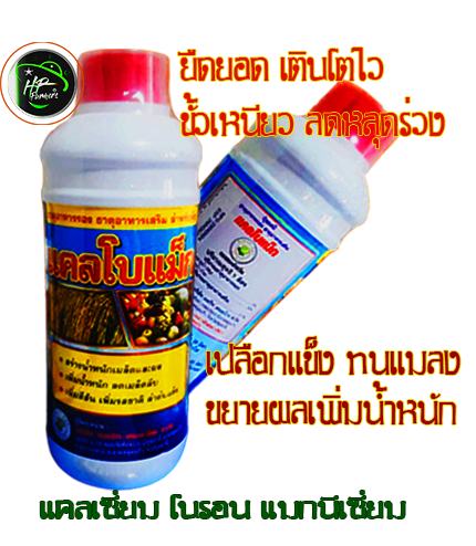 แคลโบแม็ค[Ca Bo Mg]1L: แคลเซี่ยม-โบรอนพลัสแมกนีเซี่ยม ส่งเสริมการยืดยอด เเบ่งเซลชเพิ่มการเจริญเติบโตรวดเร็ว ผนังเซลเเข็งเเรงช่วยขั้วเหนียวเปลือกเเข็งลดการหลุดร่วง สร้างรงควัตถุเร่งใบเเก่ใบเขียว ช่วยในการผสมเกสรทำให้ติดผลดก
