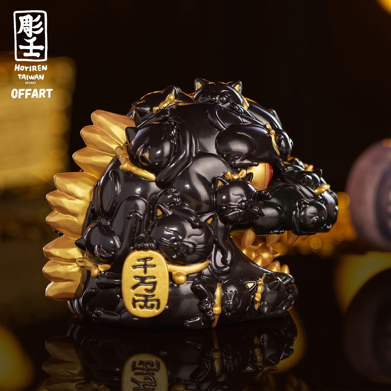 Pre-order : Red Flame Hundred Cats Mini Black Gold Bust Fortune Head Statue by OFFART x Horiren