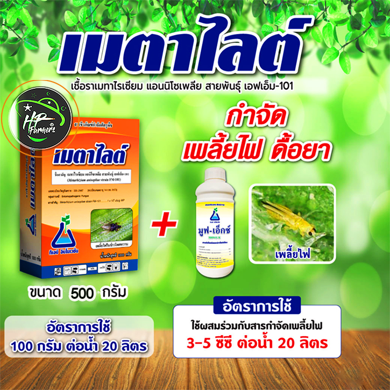 เมตาไลท์[Metarhizium sp, 600g.]: ชีวภัณฑปกป้องพืชและผลิตผลของฟาร์มคุณให้รอดพ้นจากศัตรูพืช หนอน เพลี้ยไฟ ไรเเดงด้วงเเรดมะพร้าว ด้วงหมัดผัก ด้วงอ้อย ด้วงมะพร้าว ปาล์ม อิทผาลัม ด้วงหนวดยาวอ้อย ด้วงเต่ามะเขือ เเมงอีนูน ด้วงงวงน้ำเงิน ฯลฯ ด้วยชีวภัณฑ์ราเขียวเช