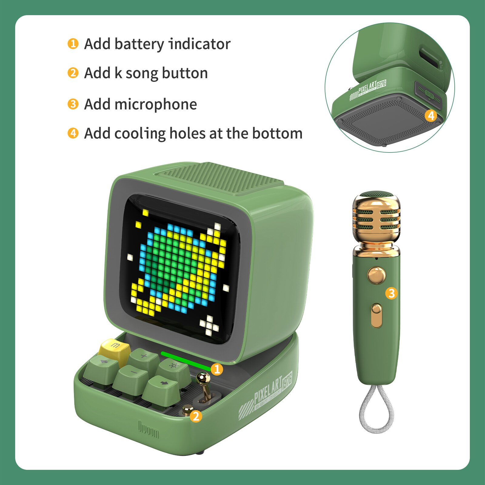 Divoom Ditoo Mic ลำโพง Bluetooth Pixel Art Mechanical Button karaoke ไมค์ สีเขียว Green