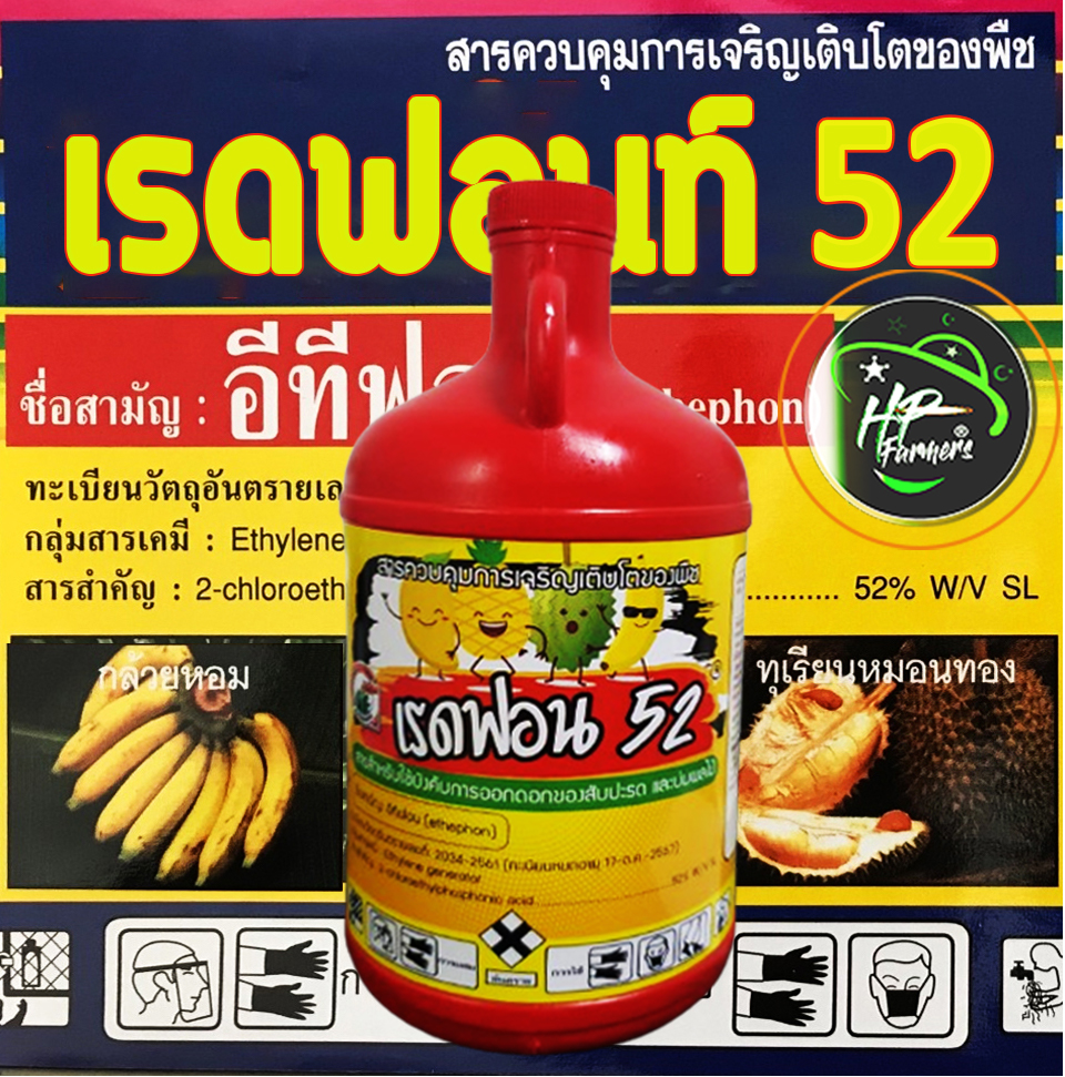 เรดฟอนท์52[Ethephon 52%SL, 1000ซีซี] น้ำยาบ่มกล้วยหอมสุกเปลือกเหลืองอร่ามสวยงาม สุกเร็วกว่าปกติ2-3เท่า เนื้อเเน่นไม่เละ รสชาติถูกปาก ปลอดภัย ได้มาตรฐานการอาหารโลก