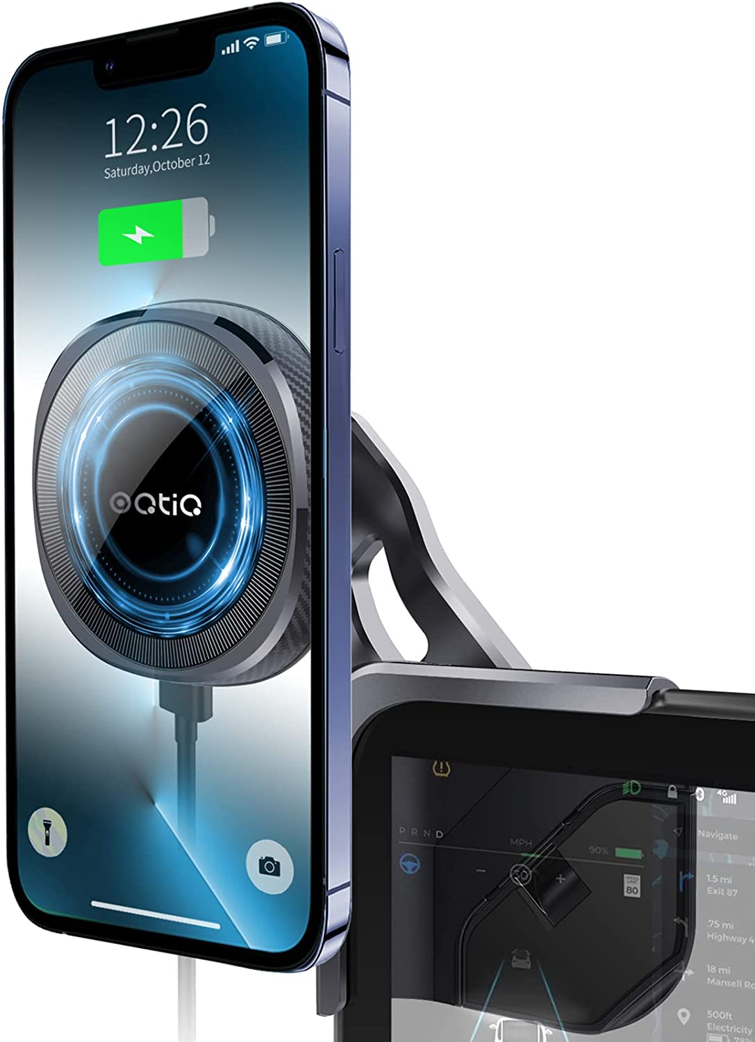 OQTIQ Wireless Car Mount Charger for Tesla Model 3 / Y Magnetic Phone Holder Fast Charging Cooling Fan Magnet Charger Compatible with Mag Safe Cases, for iPhone 14 13 12 Series (with QC 3.0 Adapter)